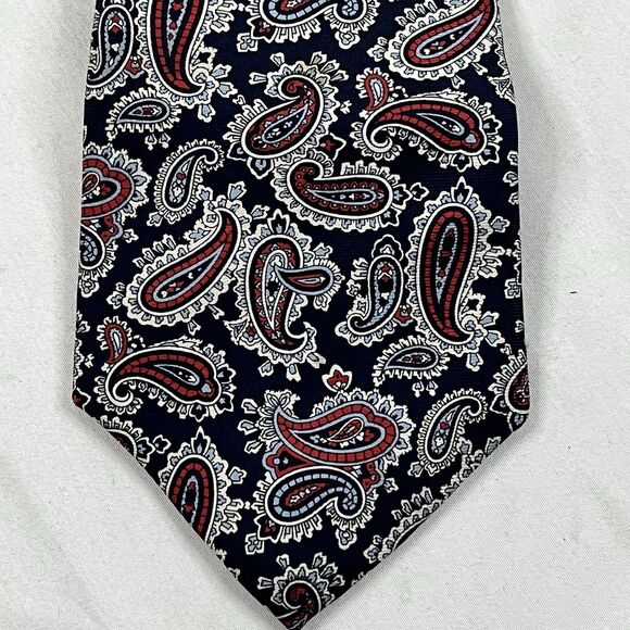 BALENCIAGA PARIS Neck Tie Red Beige Blue Paisley Silk 58" USA Made Vintage - Picture 3 of 7